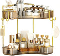 2-Tier Corner Bathroom Counter Organizer，Makeup & Skincare Shelf with Built-in Brush Holder，Space-Saving Bathroom Countertop Organizer for Skincare, Perfume, Cosmetics(Amber)
