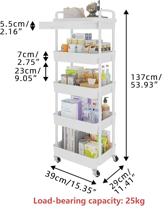 Calmootey 5-Tier Rolling Utility Cart with Drawer,Multifunctional Storage Organizer with Plastic Shelf & Metal Wheels,Storage Cart for Kitchen,Bathroom,Living Room,Office,White | Space-Saving Organizer, Sturdy Plastic Shelves, Smooth-Rolling Metal Whee...