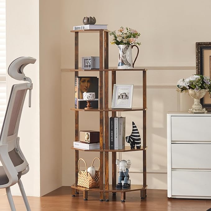 YUFAM 5-Tier Corner Shelf with Sturdy 5-Leg Base, Wooden Corner Bookshelf for Small Spaces, Corner Standing Shelf for Living Room, Bedroom, Office, Brown