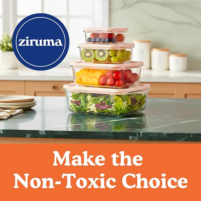 Non-Toxic Glass Food Containers with Lids, 4-Pack, 35 oz, Airtight, Beige | Plastic & BPA free. Glass body, glass lid & platinum silicone seal. Airtight & leakproof. Freezer & microwave safe.
