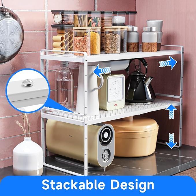 Expandable Cabinet Shelf Organizers, Kitchen Small Stand Rack Organization for Countertop Cupborad Pantry Desktop Spice Rack, White 3 Pack