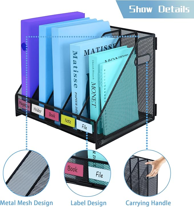 Desk Organizers Metal Magazine File Holder Racks Desktop Folder Storage Binder Organiser Document Organization for Home Office & Classroom,5 Vertical Compartments
