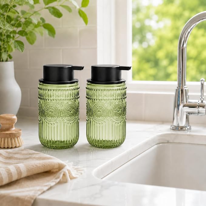 Glass Foaming Hand Soap Dispenser, Kitchen Foaming Dish Soap Dispenser | 13.8 oz Refillable Foam Soap Dispenser with Black Pump for Home Decor Set of 2