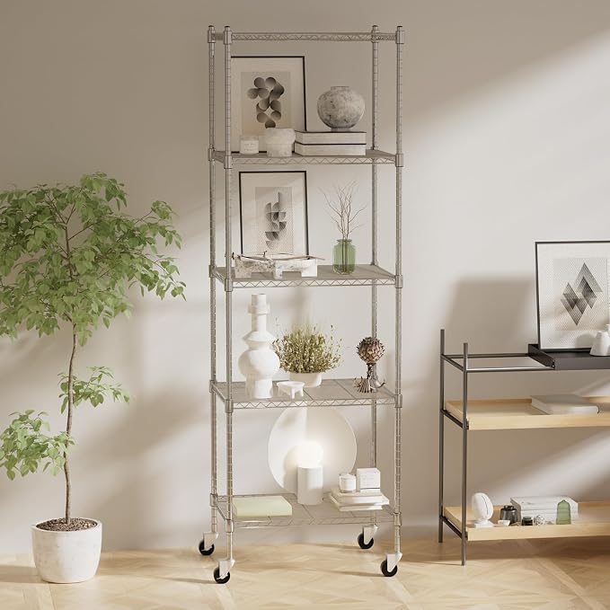 Garage Shelving with Wheels, 5 Tier Shelving Unit and Adjustable Feet, 865 lb High Capacity Rolling Storage Shelf for Kitchen, Office, Dining Room, Garage(23.6"x 17.7"x 72"), Chrome