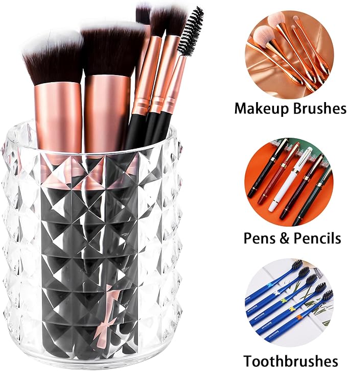 Acrylic Makeup Brush Holder, Brush Organizer, Vanity Accessories | Clear Make Up Brush Holder Organizer, Round Cosmetic Storage Cup Pen Holder for Desk Vanity, Marker Organizer Office Supplies