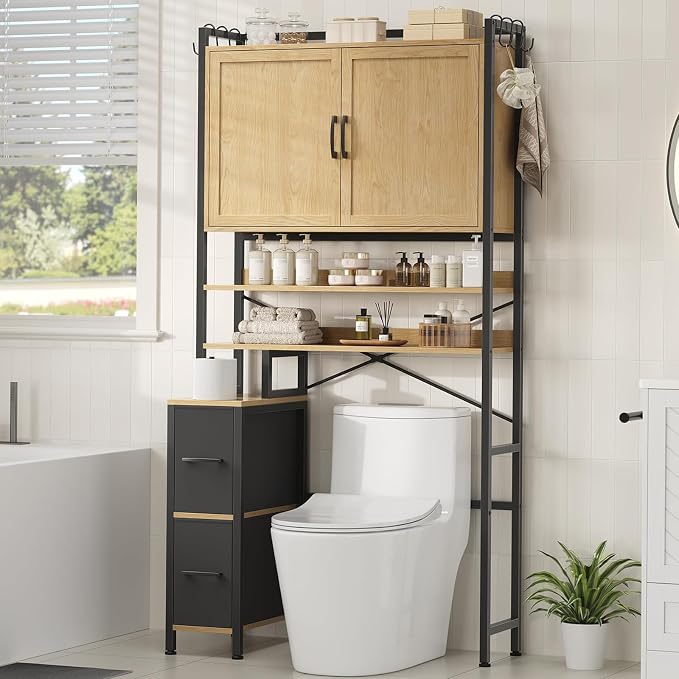 Over the Toilet Storage Cabinet with Doors, 2 Large Drawers & 6 Hooks, Over the Toilet Organizer with Toilet Paper Holder, Over the Toilet Storage for Bathroom, Laundry Room, Natural