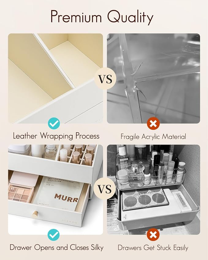 VLANDO Makeup Organizer,Vanity Organizer with Drawers, PU Leather Skincare Organizer Perfume Organizer,Large Cosmetic Display Case for Lipstick,Brushes Gifts for Women-White