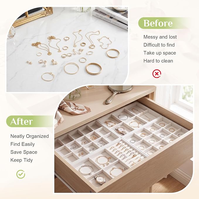 Unittype Set of 4 Stackable Jewelry Organizer Tray for Drawer Inserts Velvet Necklace Earring Bracelet Ring Holder Jewelry Display Storage Box for Bangle Stud Necklace Ring(Mixed Styles,Beige)