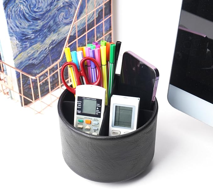 Round Leather Art Supply Organizer,Remote Control Holder,360 Degree Spinning,Multi-Functional Pencil Holder,4 Compartments Desktop Stationary Organizer(1-Crazy Black)
