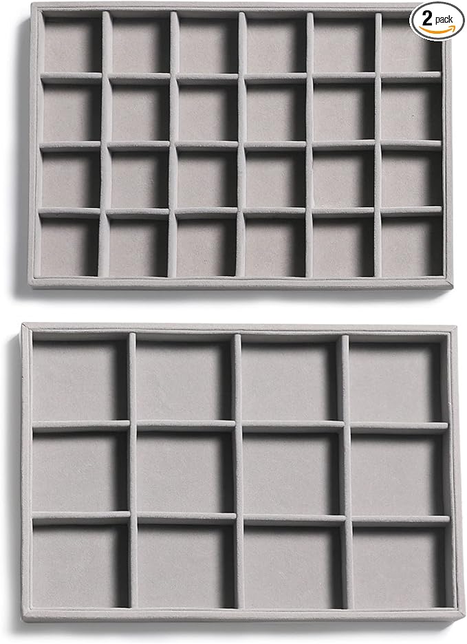 Frebeauty Jewelry Trays for Drawer,Set of 2 Jewelry Organizer and Storage | Velvet Material,Stackable,Adjustable Dividers,Drawer Inserts for Rings Studs Bracelet,Earring Organizer for Women Girls
