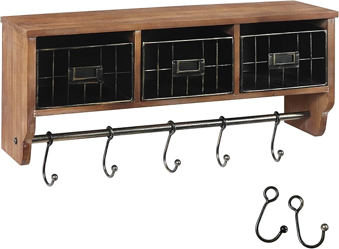 BizChair Wall Mounted Storage Rack - Rustic Brown Solid Pine Wood - 24 Inch - Upper Shelf - 5 Hooks - Wire Baskets - For Entryway, Kitchen, Bathroom
