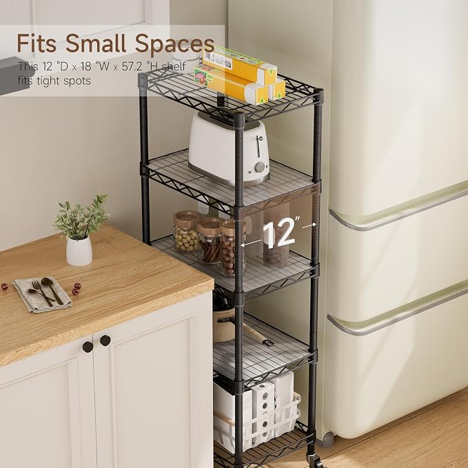 Golpart Small Shelves Storage Wire Metal Adjustable Shelf Unit with Wheels | 5 tier Shelving Organizers Storage Shelving for Bathroom Laundry Room Kitchen Pantry 11.7”D x 17.7”W x 57.2”H Black