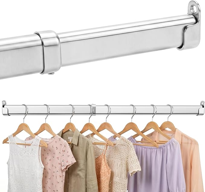 Closet Rods for Hanging Clothes, 20 to 35 Inches Stepless Extendable Stainless Steel Closet Pole, Heavy Duty Clothes Rod for Closet Wardrobes Laundry RV, Flat Oval, Chrome