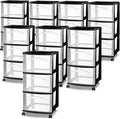 Sterilite 8 Pack 3 Drawer Storage Cart, Plastic Medium Organizer with Wheels, Black - Multipurpose Bin for Crafts, Accessories, or Office Supplies
