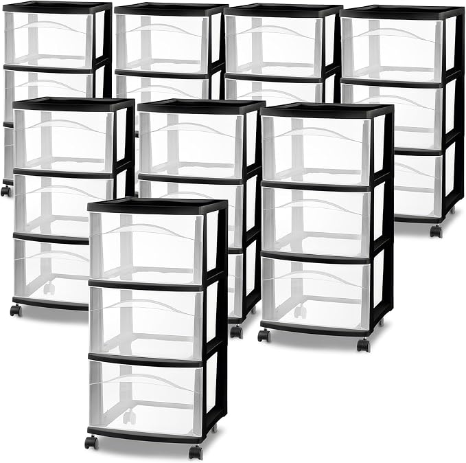 Sterilite 8 Pack 3 Drawer Storage Cart, Plastic Medium Organizer with Wheels, Black - Multipurpose Bin for Crafts, Accessories, or Office Supplies