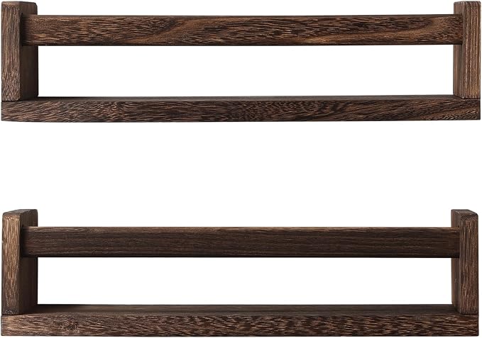 JORIKCHUO Nursery Book Shelves, Set of 2 Wood Floating Book Shelves for Kids Room, Kitchen Spice Rack, or Rustic Wall Mounted Shelves for Farmhouse Bathroom Décor (Carbon Brown)