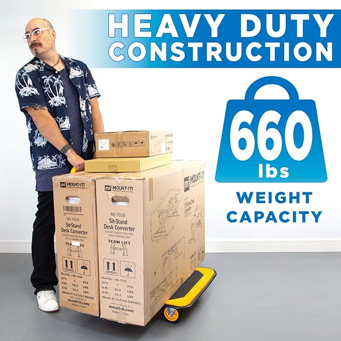 Mount-It! Heavy Duty Folding Hand Truck Dolly Platform Truck, 660 lb Flatbed Cart with Wheels, Foldable Platform Cart with 360° Swivel Casters, Push Cart for Moving Boxes & Furniture (MI-921)