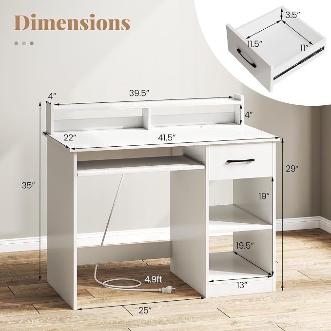 Giantex White Desk with Drawers, Modern Home Office Desk with Keyboard Tray, Monitor Stand & Adjustable Shelf, PC Laptop Table Computer Workstation, Study Writing Desk for Small Spaces, Bedroom