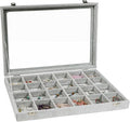 Stratalife 24 Grid Jewelry Holder Organizer: Earring Organizer Box with Clear Glass Lid, Velvet Jewelry Storage for Studs, Earrings, Rings, Necklace with Removable Dividers for Dresser, Grey