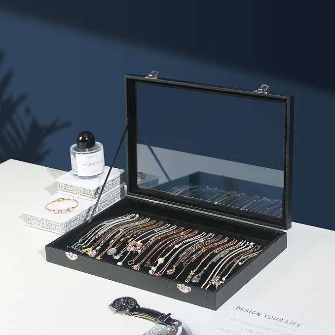 Coward 20 Hooks Necklace Organizer Jewelry Box, Dustproof Necklace Display Holder Case, Black Velvet Necklace Display Tray Case with Transparent Glass Lid for Home Use or Store Selling Show