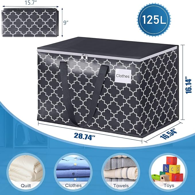 Extra Large Moving Bags, Heavy-Duty Storage Totes with Zipper Top and Sturdy Handles, Moving Supplies for Space Saving and Packing, Collapsible Storage Bags, Black & Gray, 125L, 8-Pack