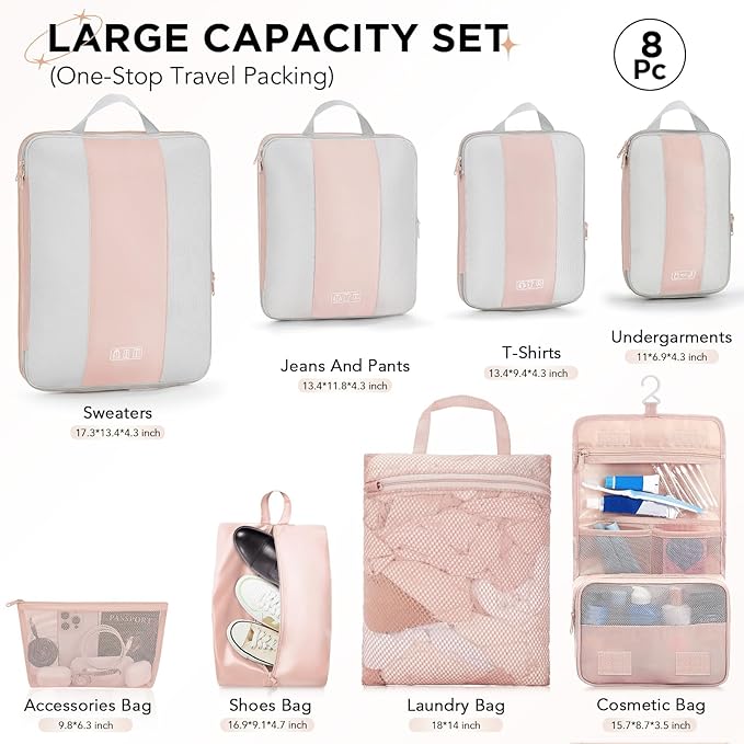 OlarHike 8 Set Compression Packing Cubes for Travel Gifts Mom Women,Airplane/Cruise/Car Travel Essentials,Compressible Expandable Space Saver Bags,Garment Bags with Over 1000 pcs Mesh Holes(Beige)