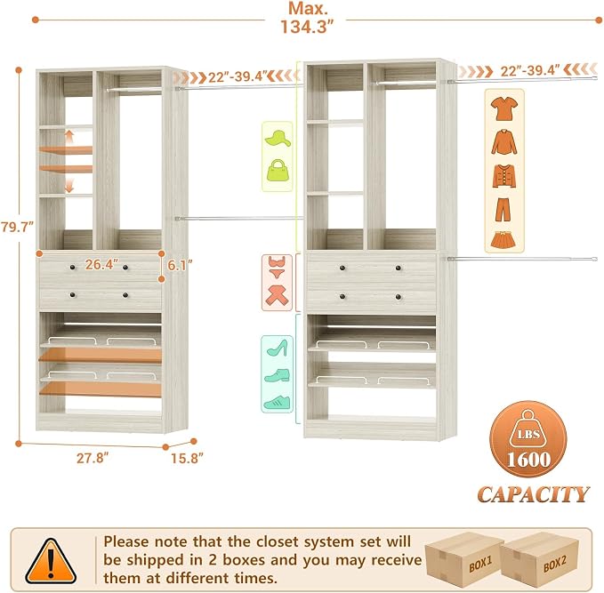 Besiost Closet System, Up to 134"/11.2 FT Closet Organizer with 4 Wooden Drawers and Shelves, Walk-in Closet System with 6 Hanging Rods, Built-in Closet Can Fit 96"/8FT, 120"/10FT, Greige Oak Set 2