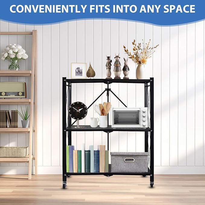 3-Tier Foldable Storage Shelf with Wheels, Heavy Duty Metal Collapsible Shelving Unit, No Assembly Rolling Organizer Rack for Kitchen Pantry Closet Office