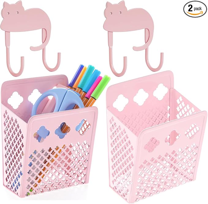 2 Pack Magnetic Pen Holder, Strong Magnet Dry Erase Marker Holder | Metal Mesh Pencil Organizer Hanging Pencil Holder for Refrigerator, Whiteboard, Locker Accessories, with Hook, Blush ﻿