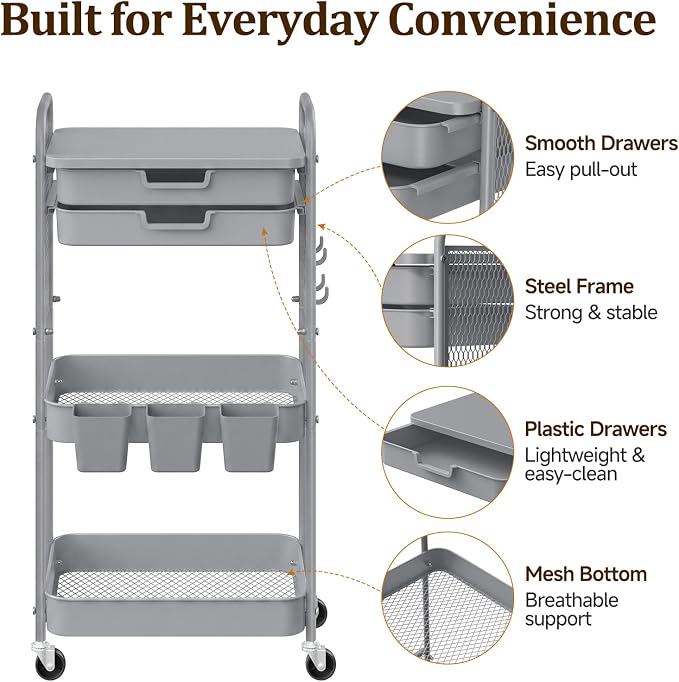 3 Tier Rolling Cart with 2 Drawers, Metal Utility Storage Carts with Wheels | Kitchen Rolling Cart 4.5" Deep Basket, Mesh Side Panel with 3 Cups, 4 Hooks for Office, Bedside, Craft Storage Cart