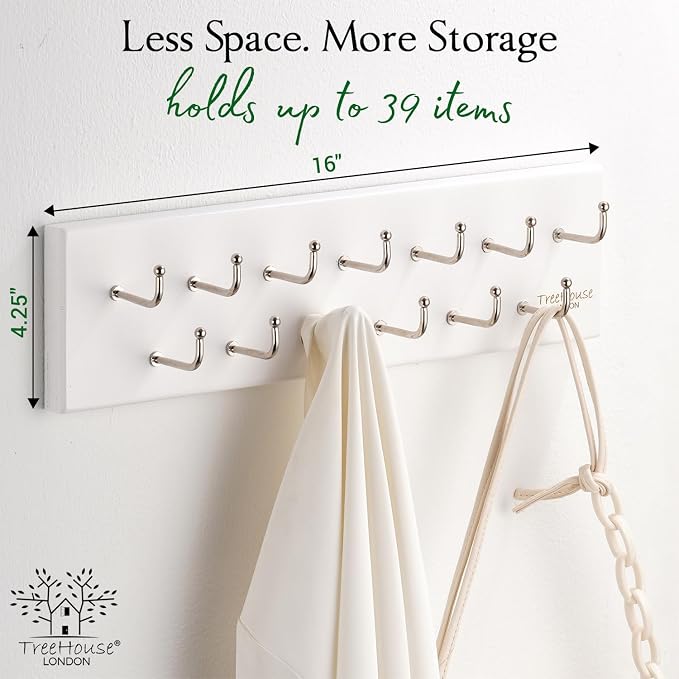 Treehouse Belt Organizer Rack, Holds Over 28 Large Belts, Sturdy Metal & Solid Wood Storage Holder for Closet, Versatile, Wall Mounted Belt & Tie Display Hanger for Bedroom - (White)16''L x4.25''H