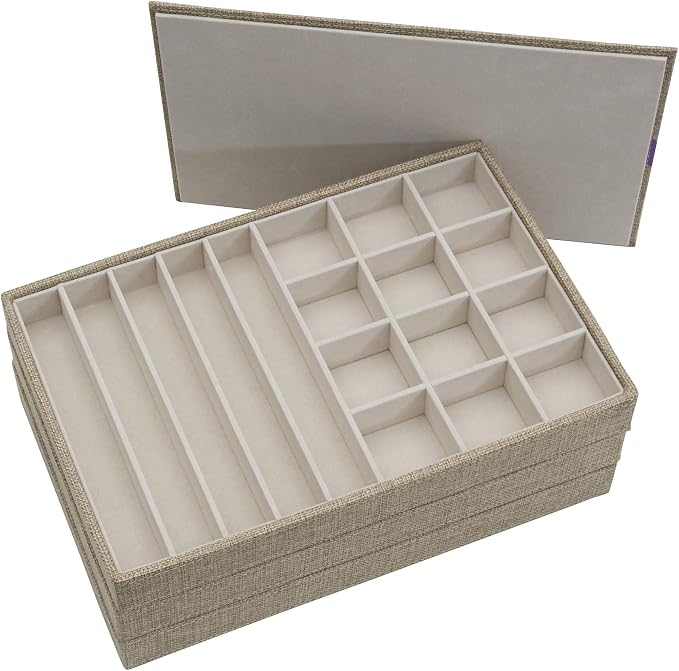 Household Essentials Stackable Jewelry Trays, 3 Varieties, Space for Necklaces, Rings and Earrings, Blended Canvas with Felt Interior, Perfect for Drawers and Closet Shelves, Latte