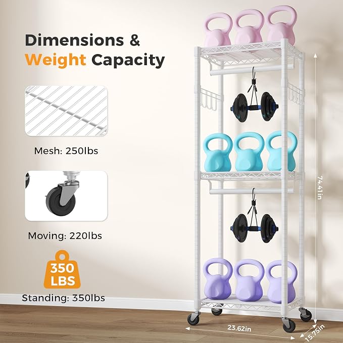 OLIXIS Clothes Rack Heavy Duty Adjustable Garment Clothing Rack with Wheels, Rolling Metal Freestanding Closet Organizer for Hanging Clothes with 2 Side Hooks, Double Rods, 23" x 15" x 75", White