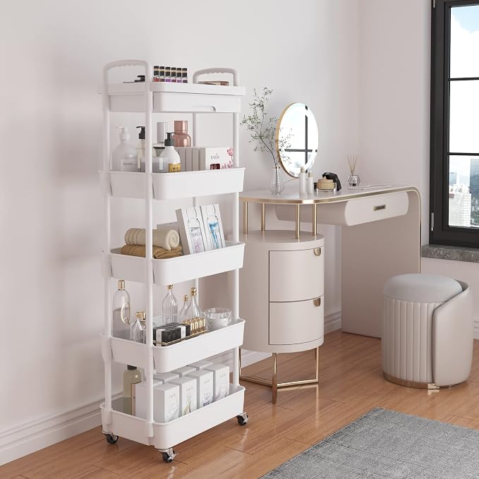Calmootey 5-Tier Rolling Utility Cart with Drawer,Multifunctional Storage Organizer with Plastic Shelf & Metal Wheels,Storage Cart for Kitchen,Bathroom,Living Room,Office,White | Space-Saving Organizer, Sturdy Plastic Shelves, Smooth-Rolling Metal Whee...