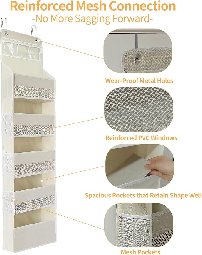Over the Door Organizer, Door Storage Organizer with Large Capacity Pockets, Hanging Shelves for Bedroom, Closet, Dorm, Pantry (Beige, 6-Tier)