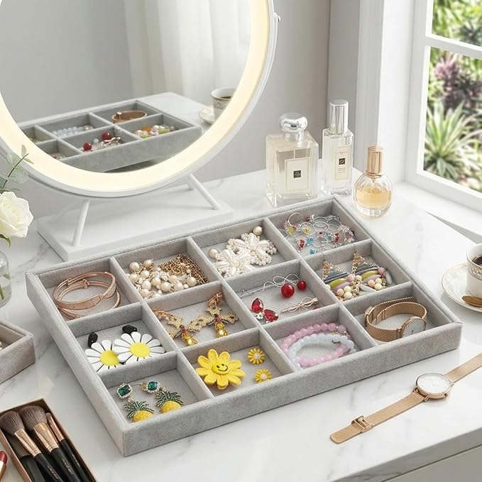 Stratalife 12 Grid Jewelry Organizer Tray, Stackable Drawer Earring Organizer with Adjustable Dividers, Jewelry Display Tray for Necklace Earring Ring Bracelet, 13.8" x 9.4" x 1.2", Grey