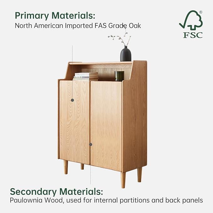 Solid Wood Shoe Cabinet with Doors, Shoe Storage Cabinet with 4-Tier Adjustable Shelves, Mid Century Modern Shoe Rack Cabinet for Entryway, Hallway, Oak Wood, 13.8" x 31.5" x 43.3" (Natural)