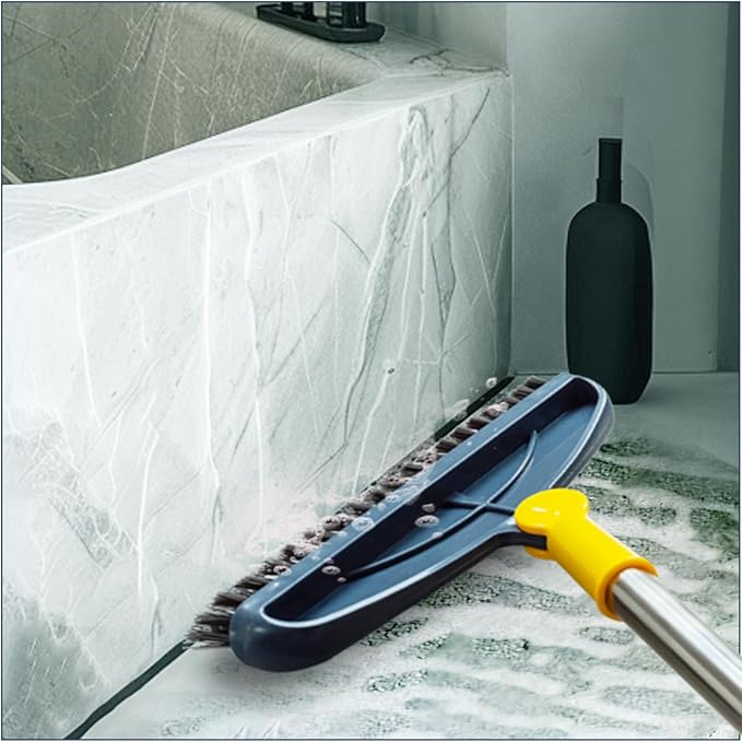 Long Handle Grout Cleaning Brush with for Tile Floors, Tapered Bristles Grouting Line Brush, 2 in 1 Scrub with Scraper