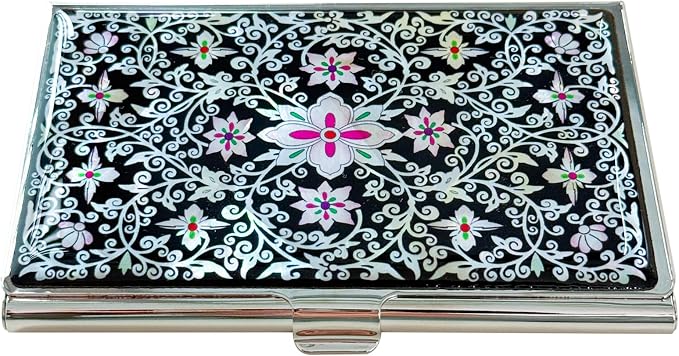Mother of Pearl Business Card Case Credit Id Name Holder Travel Wallet Art Painting Design Metal Stainless Steel Engraved Slim Purse Pocket Cash Money Wallet (New Arabesque)
