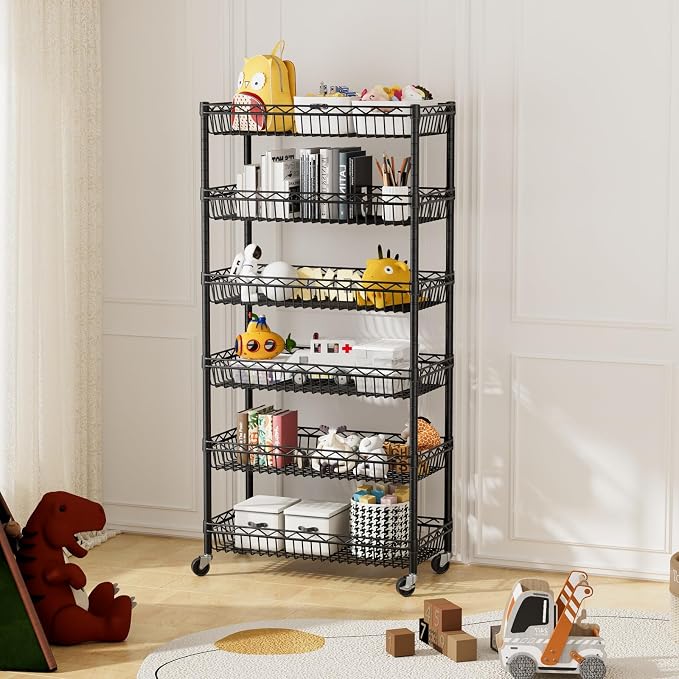 Golpart Basket Shelves Closet Rack with Wheels Metal Pantry Wire Shelf Unit | 6 tier Storage Rolling Shelving Bathroom Organizers Kitchen Garage Laundry Room Organization Home 30"Dx13.6"Wx65"H Black