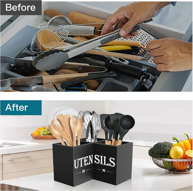 Suli Extra Large Utensil Holder Countertop for Kitchen Counter,Wood,Black | Hold 40 Utensils,4 Removable Divider,Rutic Silverware Organizer Caddy,Spacesaving,Farmhouse Cooking Crock for Spatula,Spoon