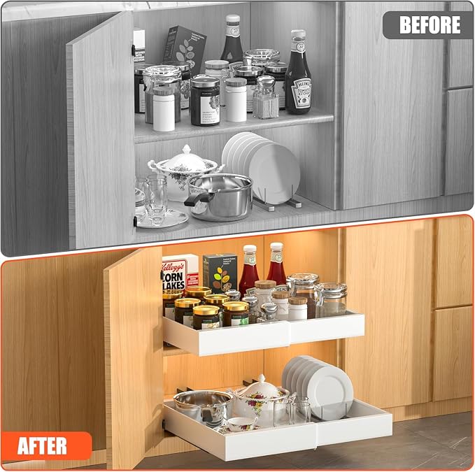 4 Pack Expandable Pull Out Cabinet Organizer | fixed by nano adhesive film, no drilling, heavy duty sliding drawer, suitable for kitchen, pantry cabinet storage