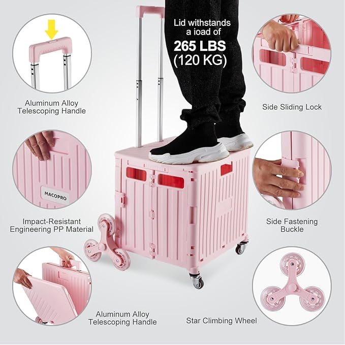 MACOPRO Foldable Utility Cart with Stair Climbing Wheels, Collapsible Rolling Crate with Telescoping Handle, Folding Shopping Trolley Handcart Grocery Book File Tool Teacher Storage Basket (Pink)