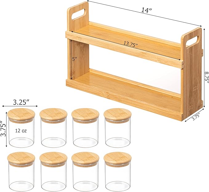 Basicwise Versatile 2-Tier Bamboo Spice Rack and Pantry Organizer with 8 Glass Jars – Perfect for Countertop Storage in Kitchens to Keep Seasoning Containers Neatly Displayed and Easily Accessible