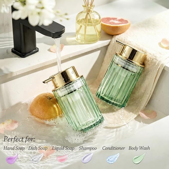 Foaming Hand Soap Dispenser, 8oz Refillable Sage Green Glass with Gold Pump, for Liquid Soap or Lotion, Vertical Ribbed Decor for Bathroom Vanity, Kitchen, Commercial Use - 2 Pack