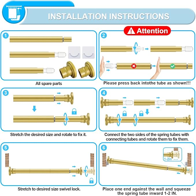 Gold Shower Curtain Rod 28-48 Inches, Adjustable Tension Rod | Spring Tension Sets It in Place with No Drilling, Built in Stainless Steel