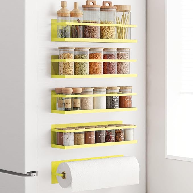 Magnetic Spice Rack For Refrigerator Magnetic Fridge Shelf For Kitchen Spice Organizer Magnetic Shelf For Fridge Space Saving Yellow 4 Pack With Magnetic Paper Towel Holder