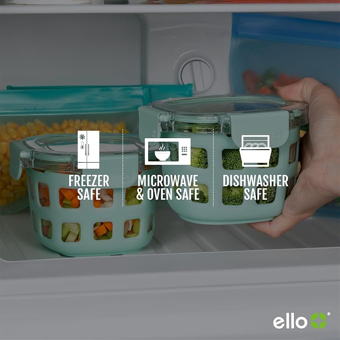 Ello DuraGlass Rounds Glass Food Storage Containers - Meal Prep Bowls with Silicone Sleeve and Airtight Lids, 2 Cup, Yucca | 2 cup glass meal prep container with silicone sleeve, leakproof BPA-free lid, microwave, freezer and dishwasher safe