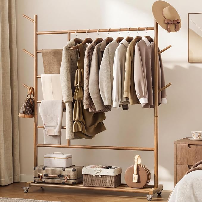 Yoobure Solid Wood Clothing Rack - Rolling Clothes Rack with Wheels, 4-in-1 Coat Rack with Pants Rack & Shelf, Freestanding Clothing Racks for Hanging Clothes, Garment Rack for Closet Bedroom Entryway