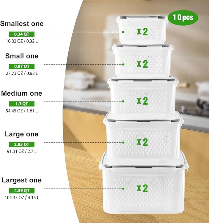 Freshmage Fruit Storage Containers for Fridge with Removable Colander, Airtight Food Storage Container, Dishwasher Safe Produce Saver for Refrigerator, Keep Berry Fruit Fresh Longer 10 pcs Large Clear